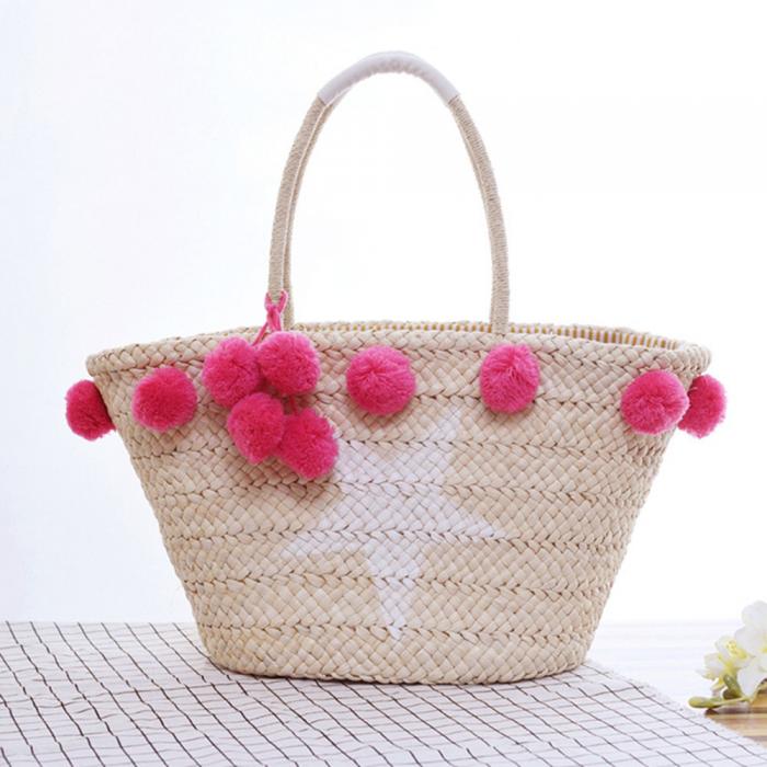 Pom pom straw bag recycle woven New style for summer beach handbags