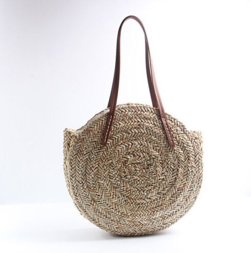 Natural  straw totes bags circle with leather belt shoulder bag aliexpress