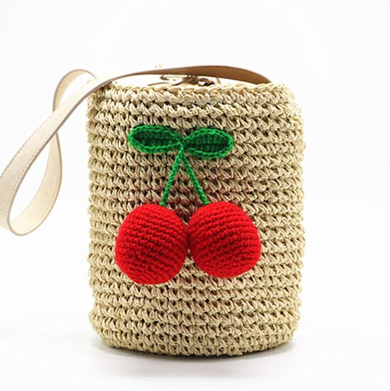 Fasion straw Bucket handmade crochet beach bag with cherry decoration