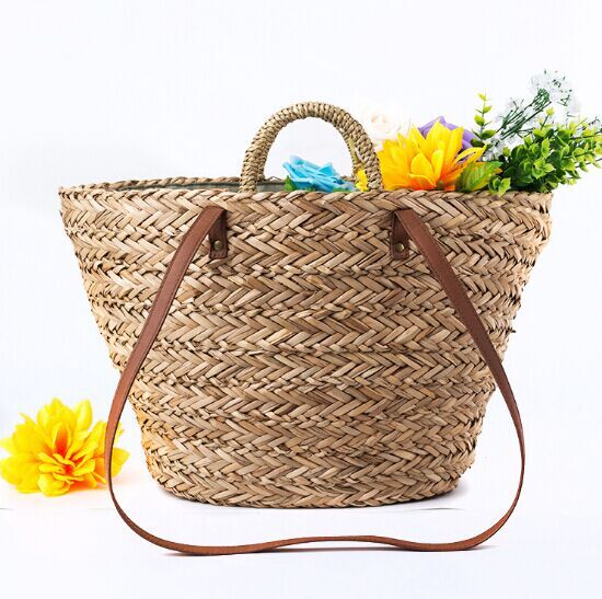 For Sale women summer natural straw bag travel shopping beach fashion tote bag with leather belt bulk