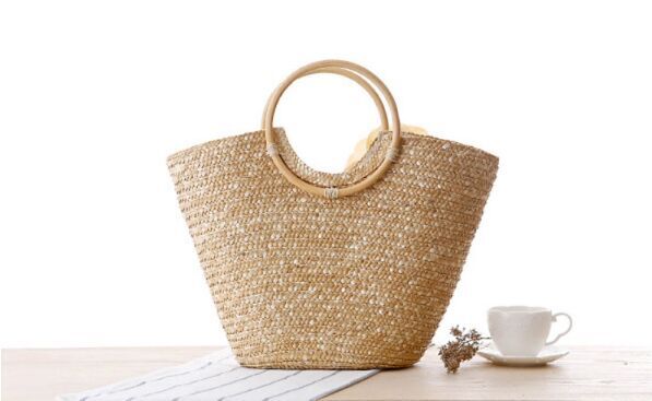 Women Handmade Natural Straw Woven Handbag with flower Beach Bags for summer