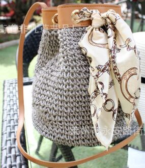 Straw  Drawstring Backpack with silk decoration for summer cheap factory