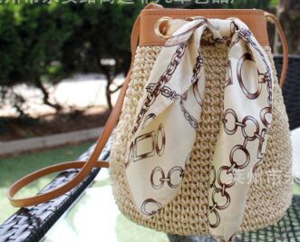 Straw  Drawstring Backpack with silk decoration for summer cheap factory