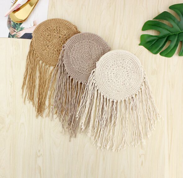 Crochet Circle Women Straw Beach Bag Round Fluffy Woven Cross body bags