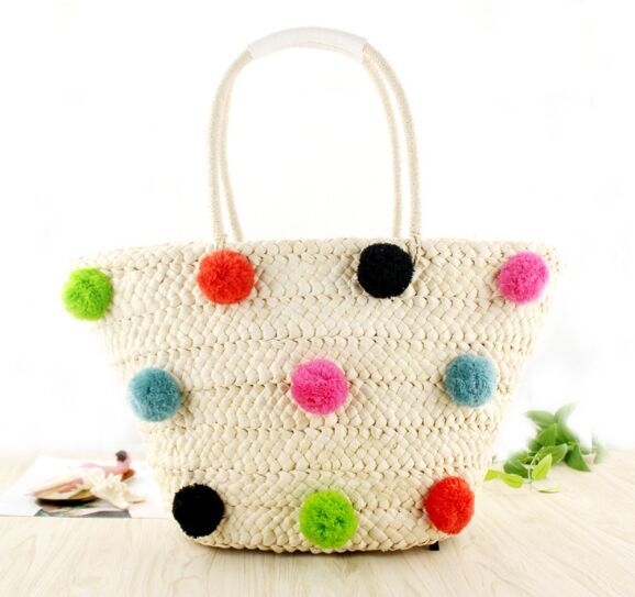 2018 straw  straw bags trend  handmade woman pom poms Classic colorful tassel