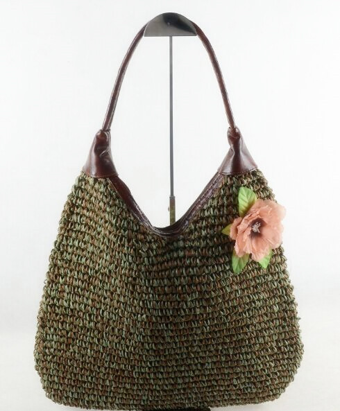 Shoulder straw Bags witih flower decoration cheap circular