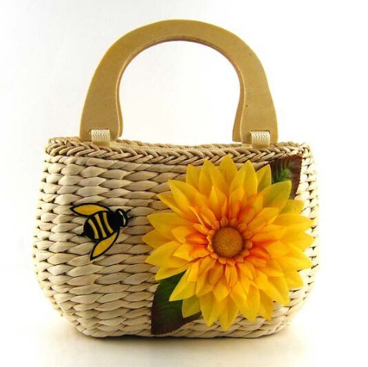 Straw handbags with flower and bee decoration cheap canada half circle handle