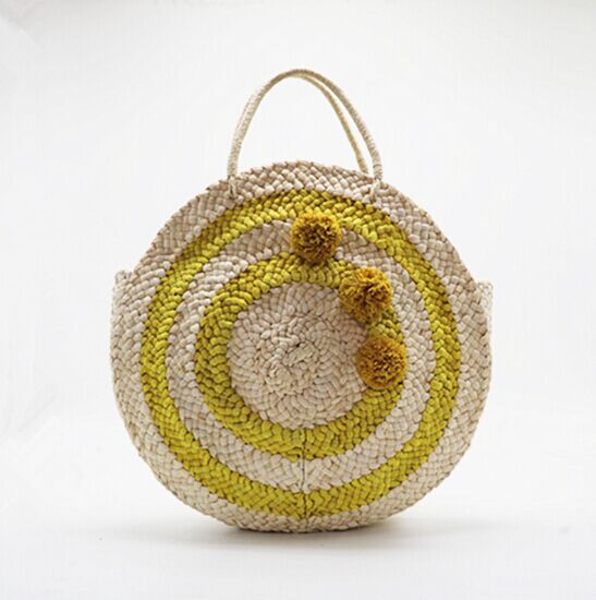 2018 New design straw round beach bag for lady with pom poms wholesale cheap