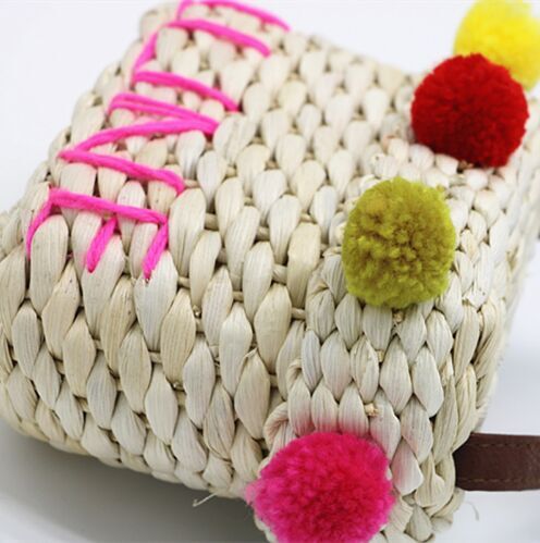 Custom Childrens straw beach bag with Pom Poms  colorful crossbody