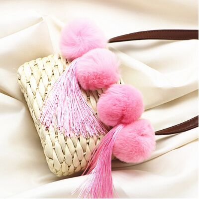 Childrens Cross body straw bag with pink Pom Pom tassel manufacturer for sale