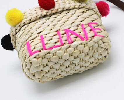 Custom Childrens straw beach bag with Pom Poms  colorful crossbody