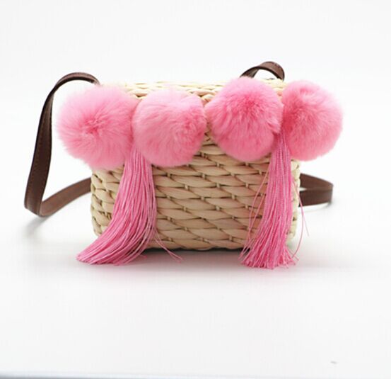 Childrens Cross body straw bag with pink Pom Pom tassel manufacturer for sale