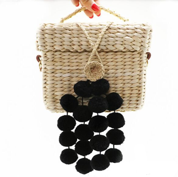 New style Bag-pag Square Cross Body Straw Bags with black red colorful pom poms decoration Canada