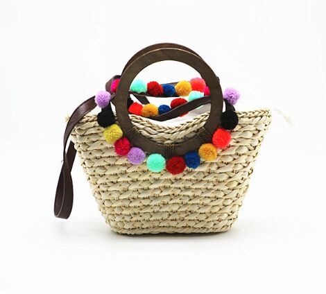 New Design Straw handbags with circle handle pom poms  crossbody bags manufacturer