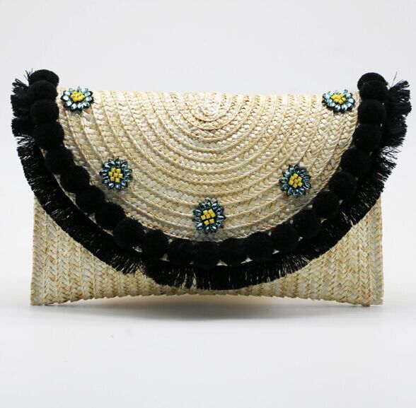 New Fashion Straw evening envelope bags with pom poms hat  wholesale factory