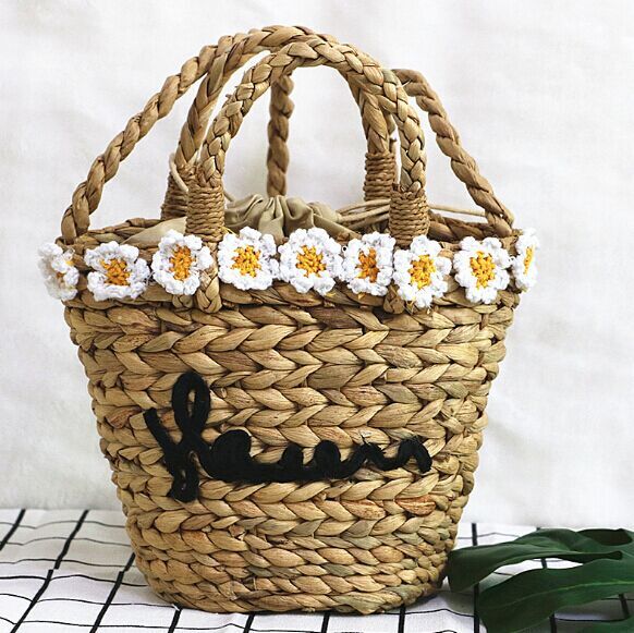 Fashion cute Straw beach cross body bags with flower decoration